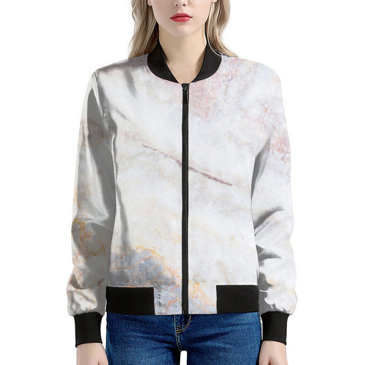 Pink White Grey Marble Print Women's Bomber Jacket