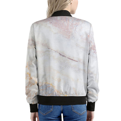 Pink White Grey Marble Print Women's Bomber Jacket