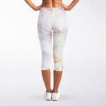 Pink White Grey Marble Print Women's Capri Leggings