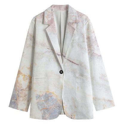 Pink White Grey Marble Print Women's Cotton Blazer