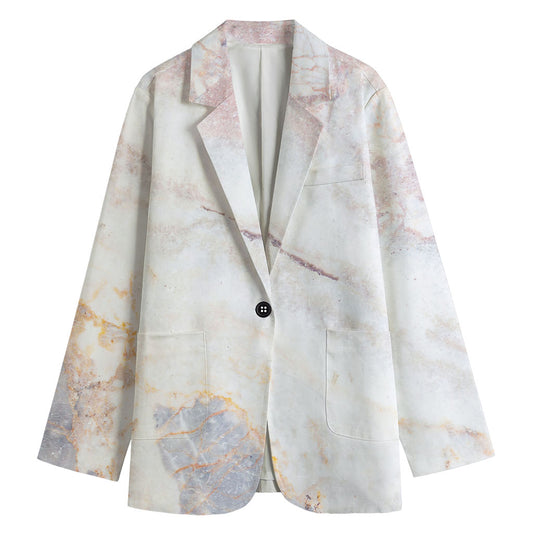 Pink White Grey Marble Print Women's Cotton Blazer