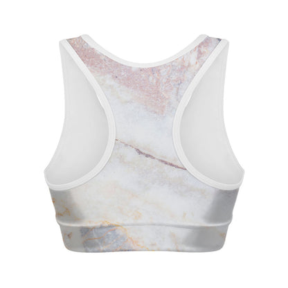 Pink White Grey Marble Print Women's Sports Bra
