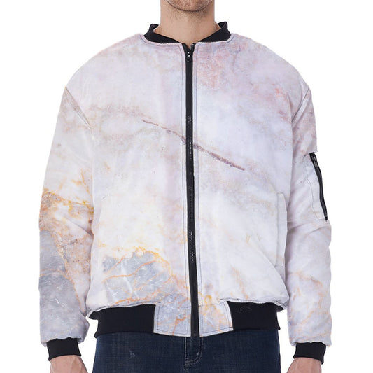 Pink White Grey Marble Print Zip Sleeve Bomber Jacket