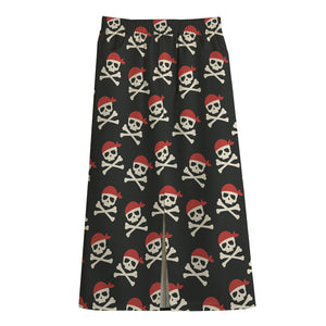 Pirate Skull Crossbones Pattern Print Cotton Front Slit Maxi Skirt