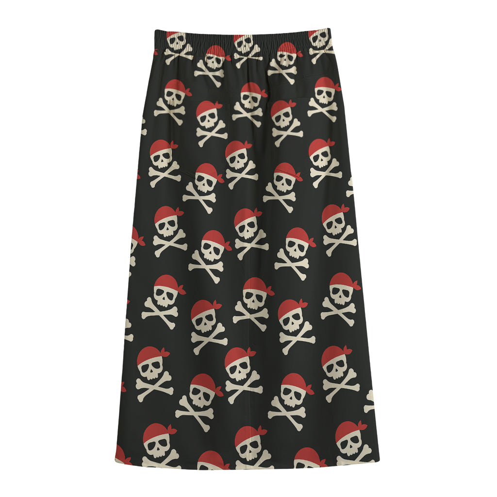 Pirate Skull Crossbones Pattern Print Cotton Front Slit Maxi Skirt