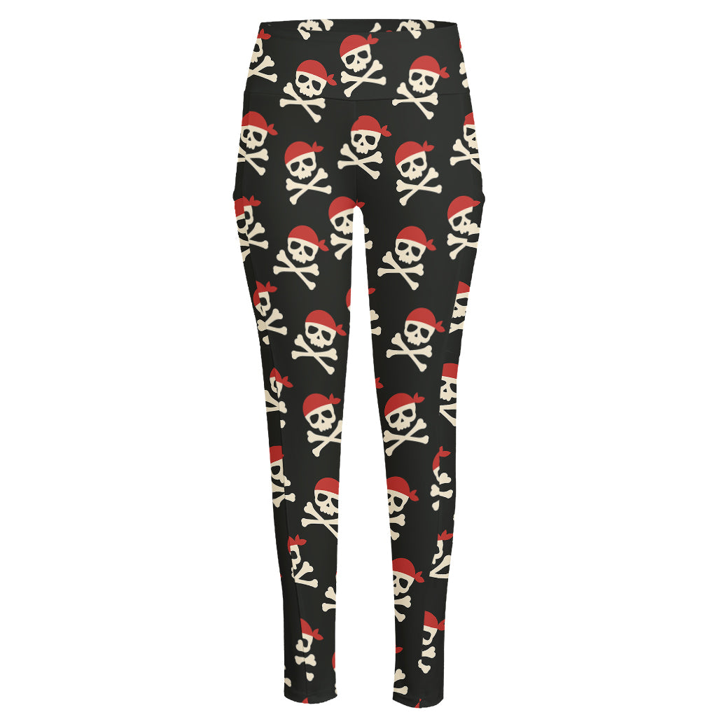 Pirate Skull Crossbones Pattern Print High-Waisted Pocket Leggings