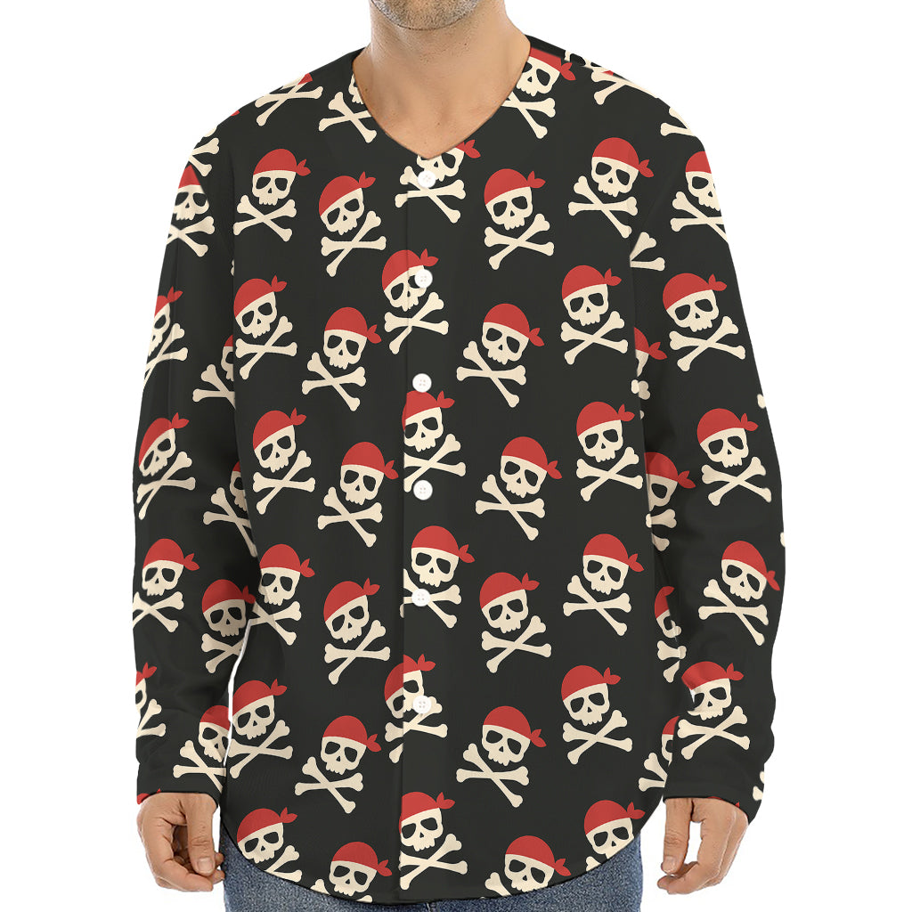 Pirate Skull Crossbones Pattern Print Long Sleeve Baseball Jersey