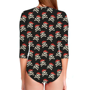 Pirate Skull Crossbones Pattern Print Long Sleeve Swimsuit