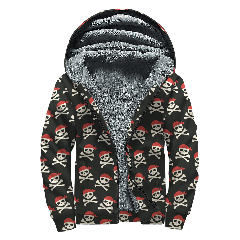 Pirate Skull Crossbones Pattern Print Sherpa Lined Zip Up Hoodie