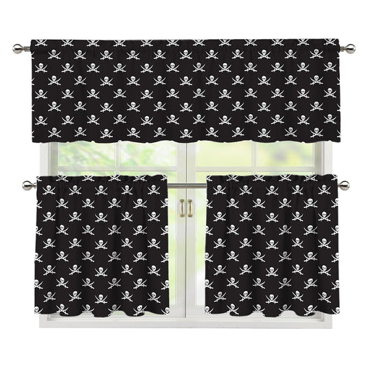 Pirate Skull Symbol Pattern Print 3 Piece Kitchen Curtains