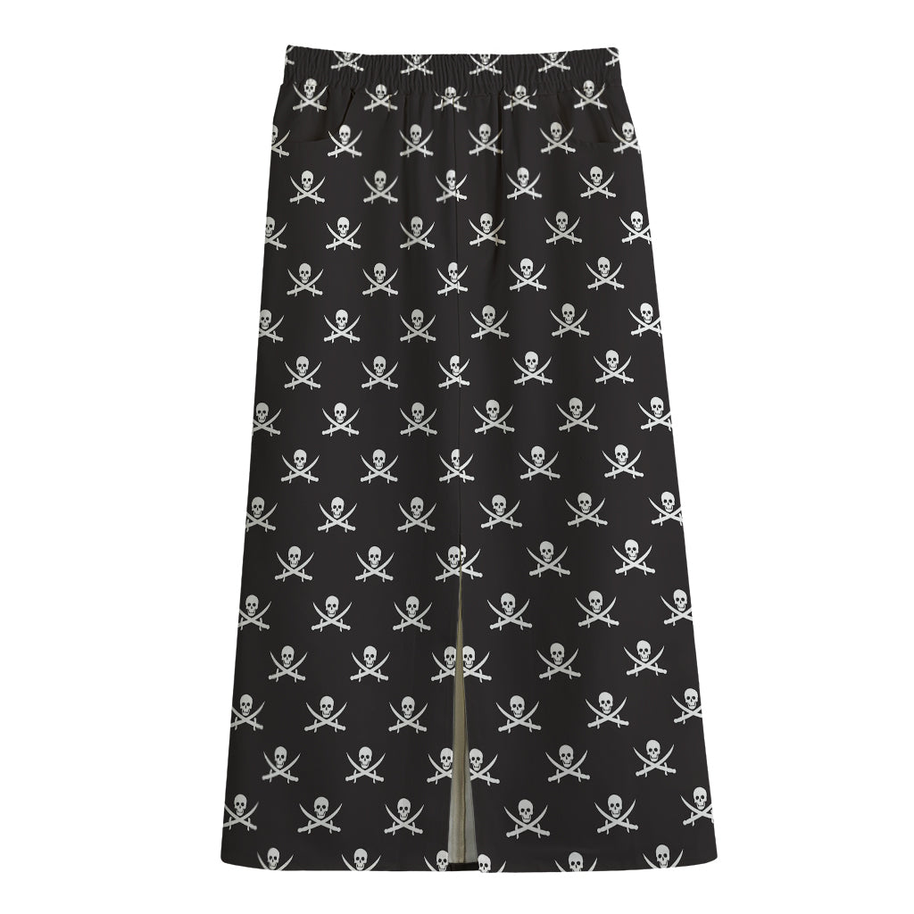 Pirate Skull Symbol Pattern Print Cotton Front Slit Maxi Skirt