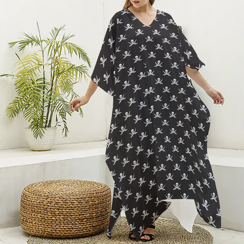 Pirate Skull Symbol Pattern Print Silk V-Neck Kaftan Dress