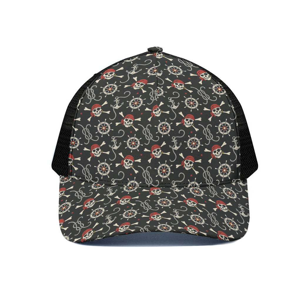 Pirate Theme Pattern Print Black Mesh Trucker Cap