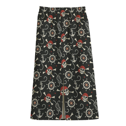 Pirate Theme Pattern Print Cotton Front Slit Maxi Skirt