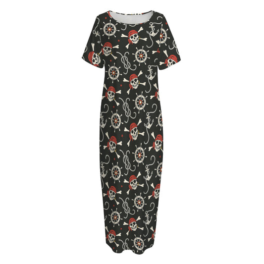 Pirate Theme Pattern Print Short Sleeve Long Nightdress