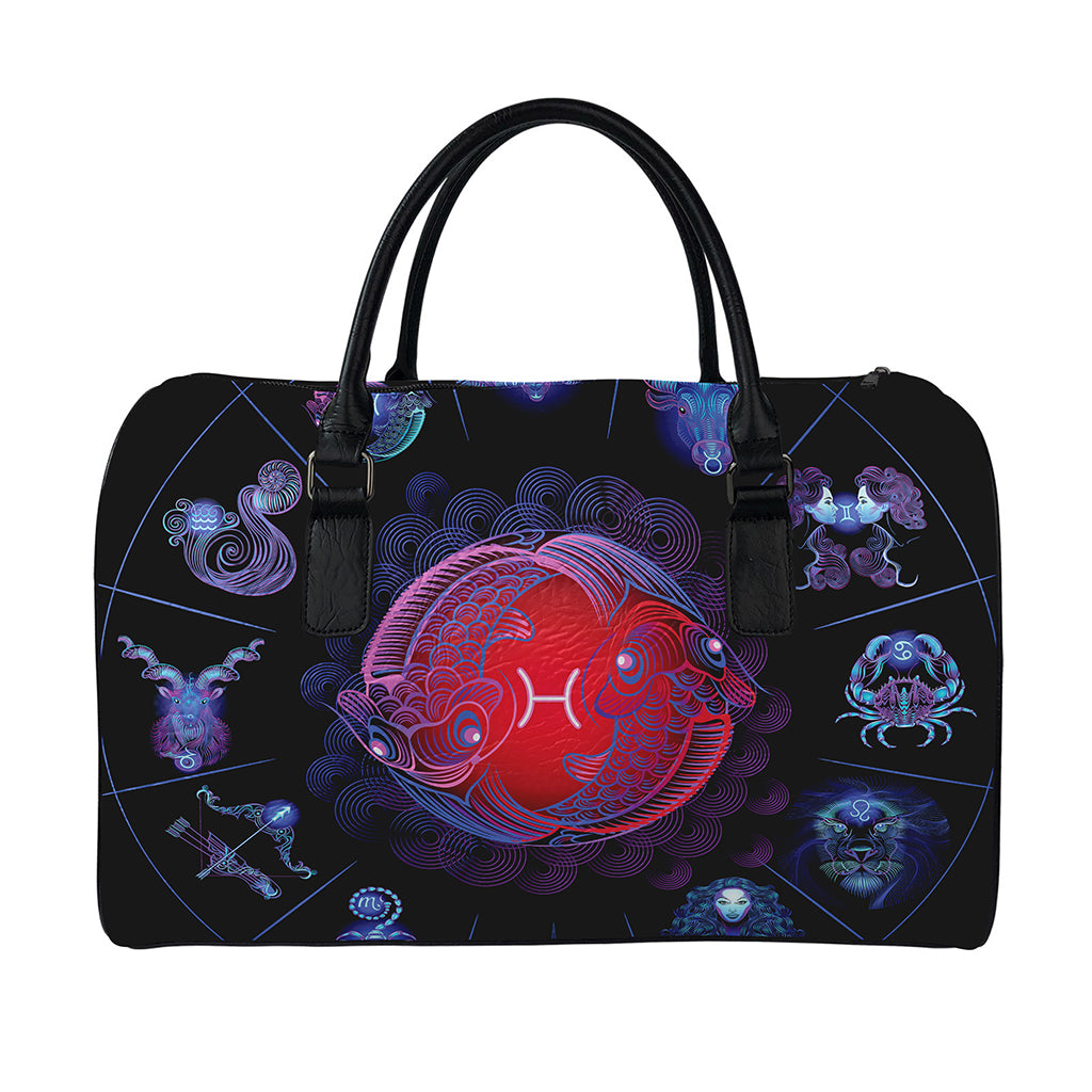Pisces And Astrological Signs Print Leather Duffle Bag