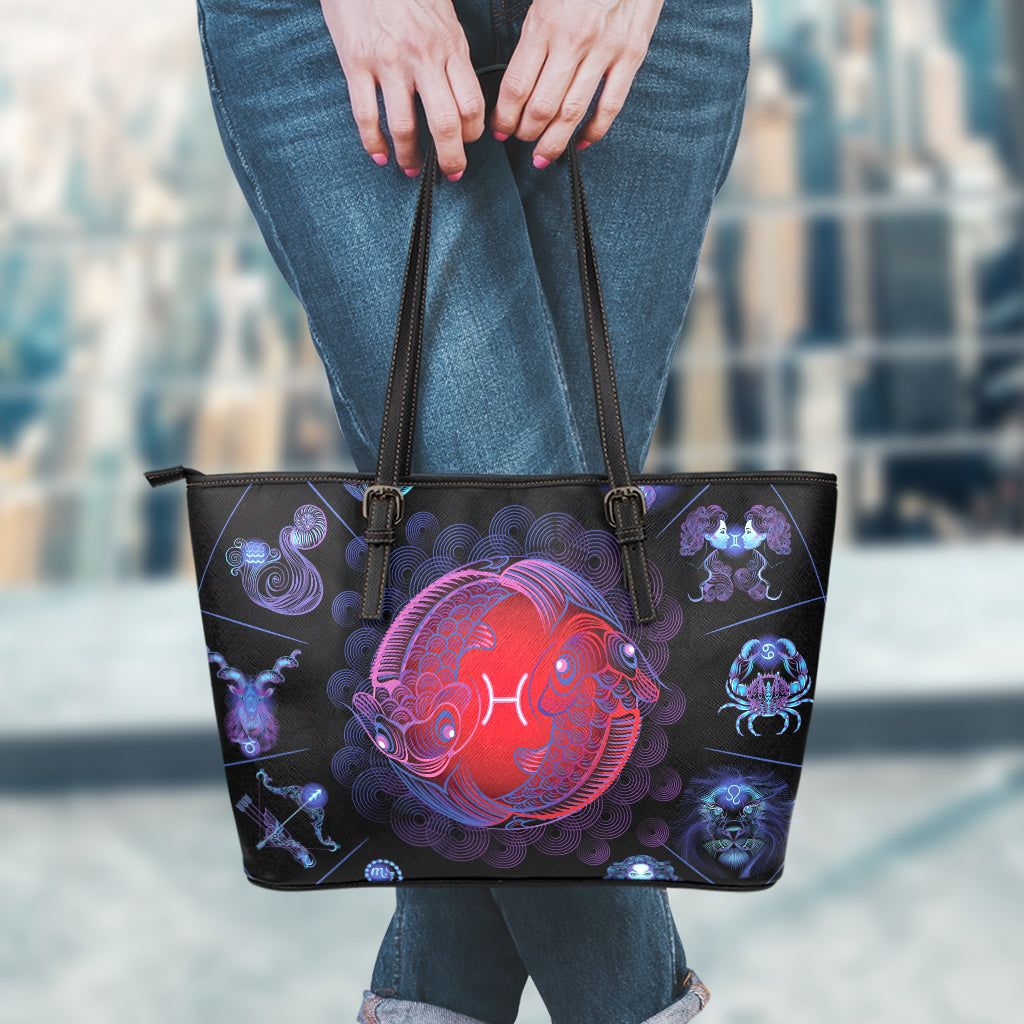 Pisces And Astrological Signs Print Leather Tote Bag