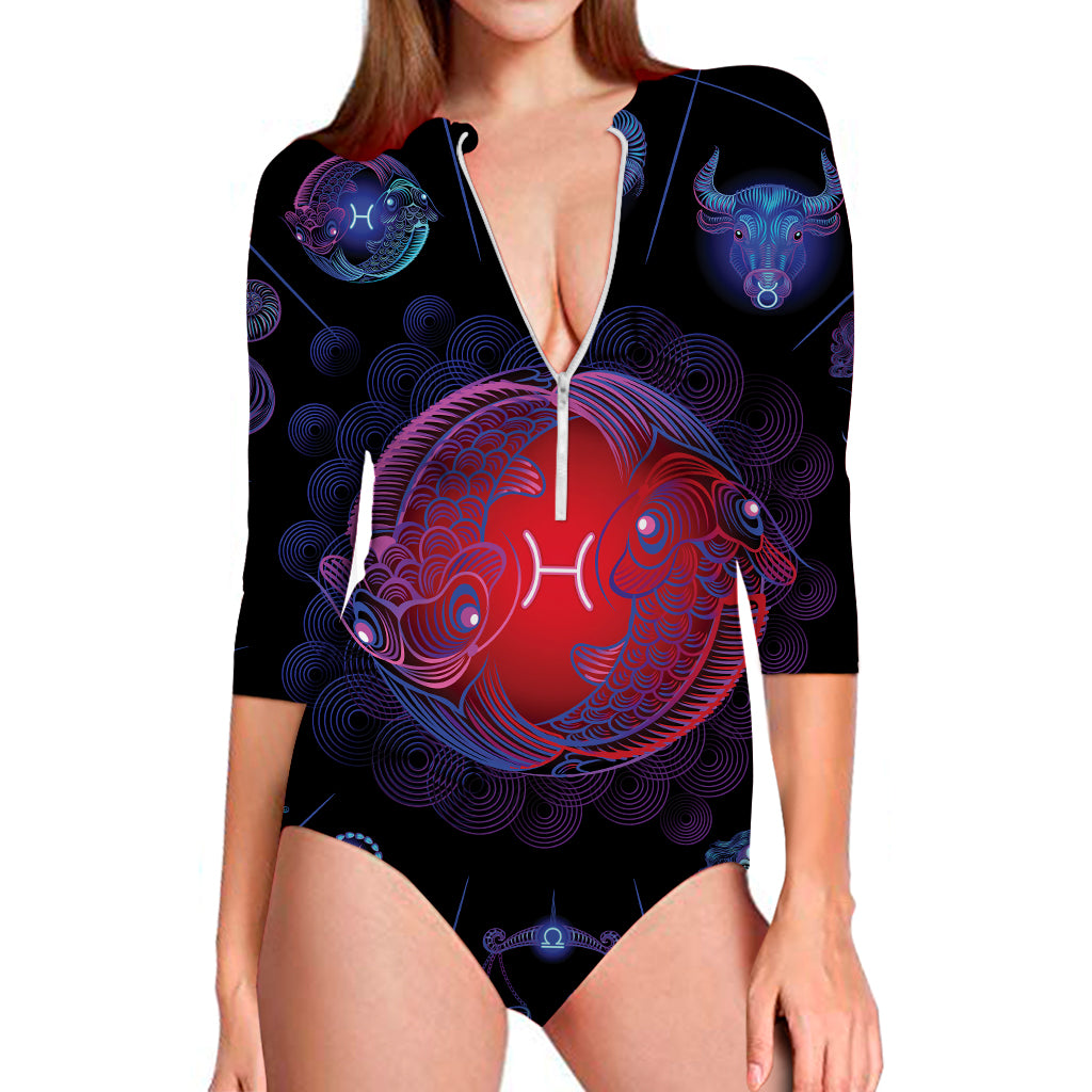 Pisces And Astrological Signs Print Long Sleeve Swimsuit