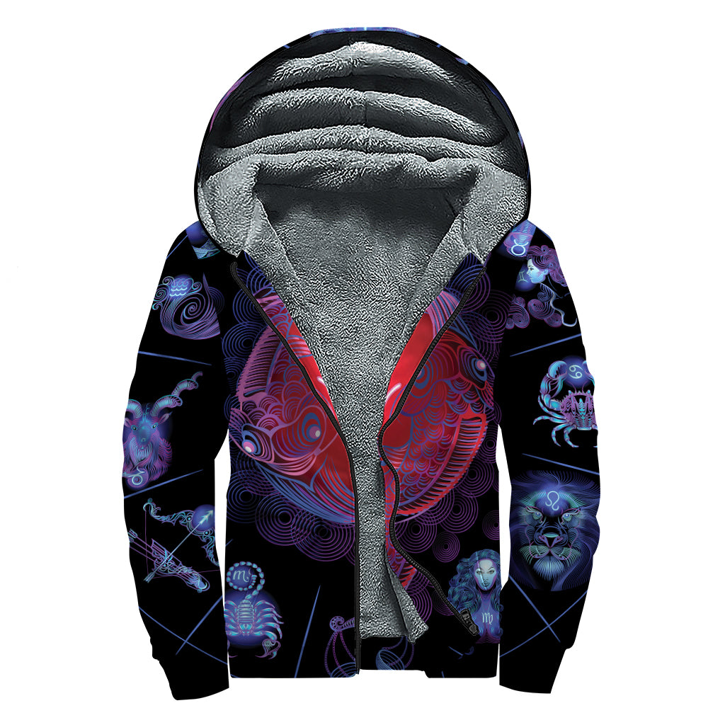 Pisces And Astrological Signs Print Sherpa Lined Zip Up Hoodie