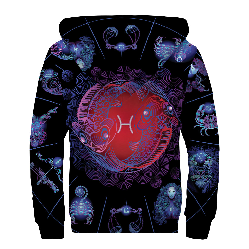 Pisces And Astrological Signs Print Sherpa Lined Zip Up Hoodie