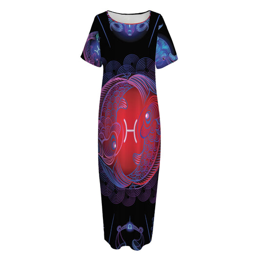Pisces And Astrological Signs Print Short Sleeve Long Nightdress