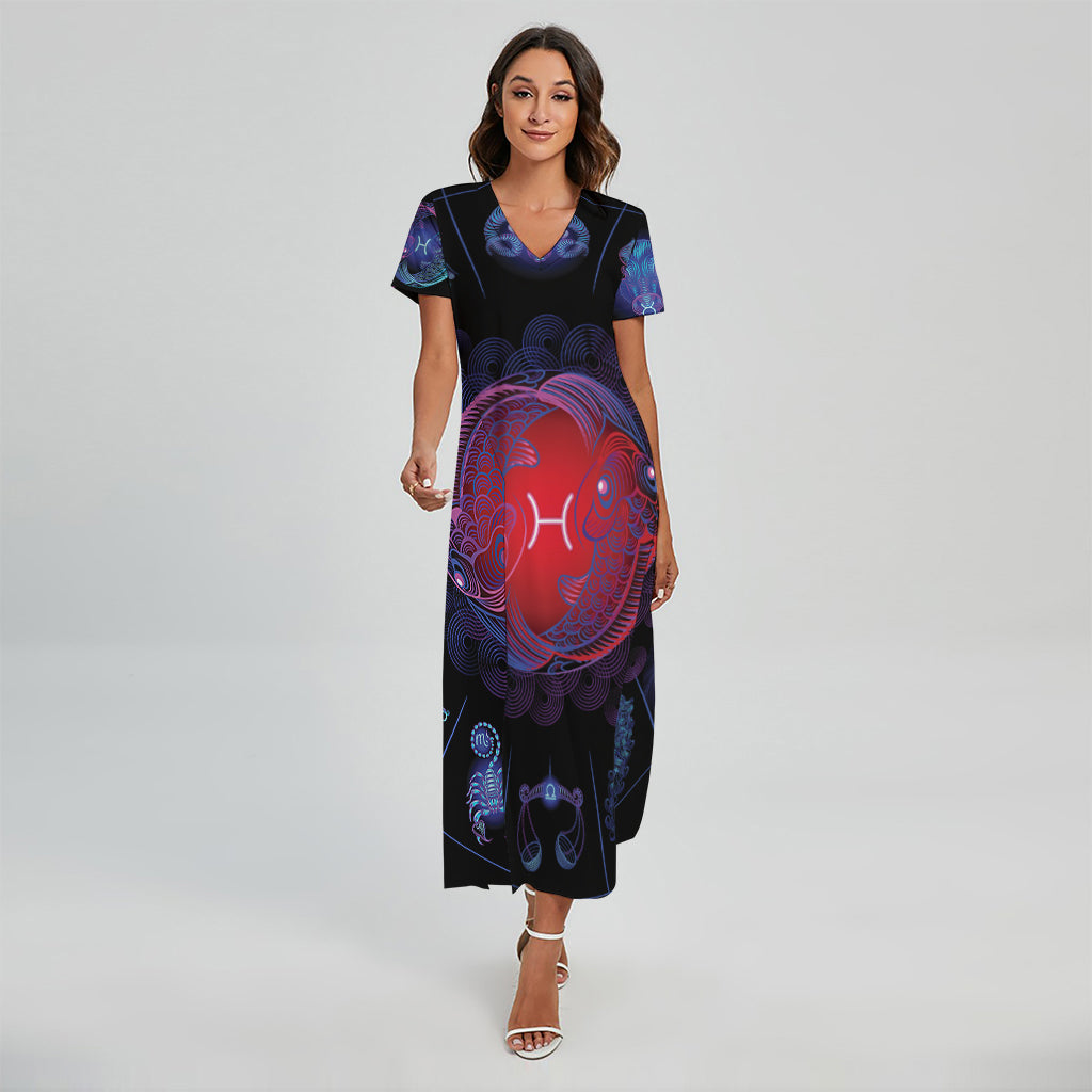 Pisces And Astrological Signs Print Short Sleeve Maxi Dress