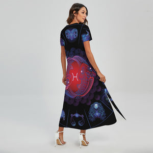 Pisces And Astrological Signs Print Short Sleeve Maxi Dress