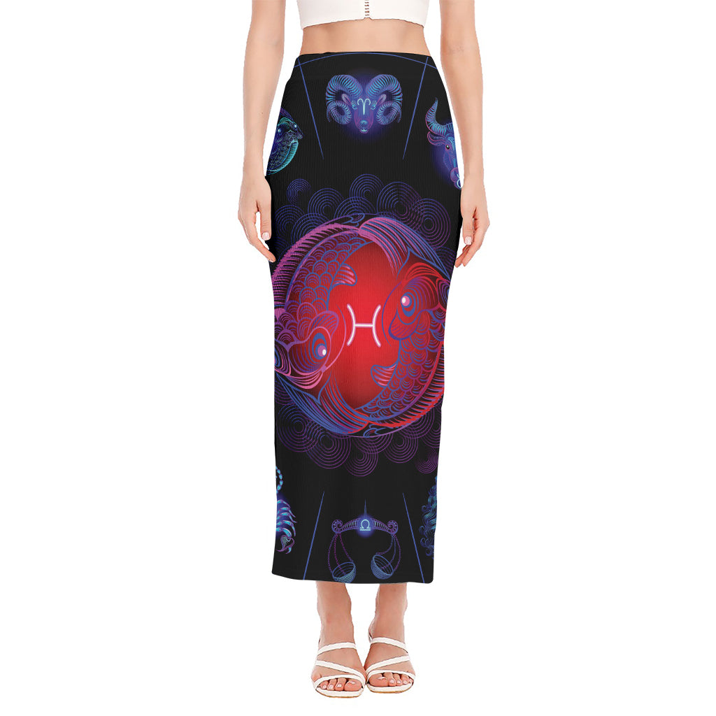 Pisces And Astrological Signs Print Side Slit Maxi Skirt