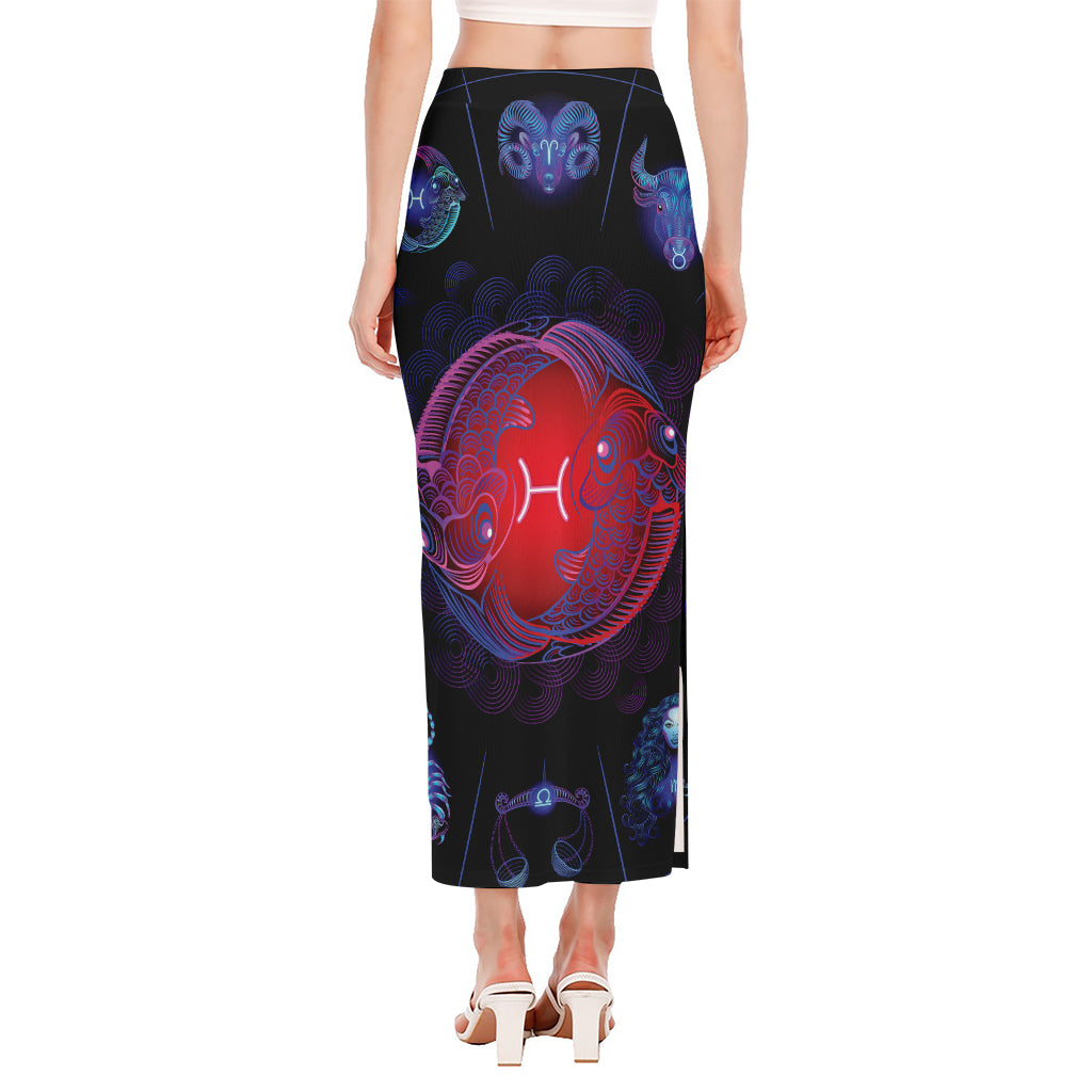 Pisces And Astrological Signs Print Side Slit Maxi Skirt