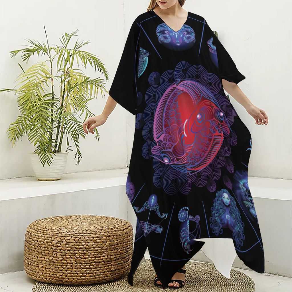 Pisces And Astrological Signs Print Silk V-Neck Kaftan Dress