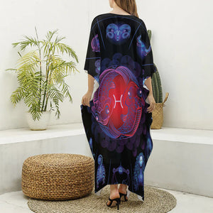 Pisces And Astrological Signs Print Silk V-Neck Kaftan Dress