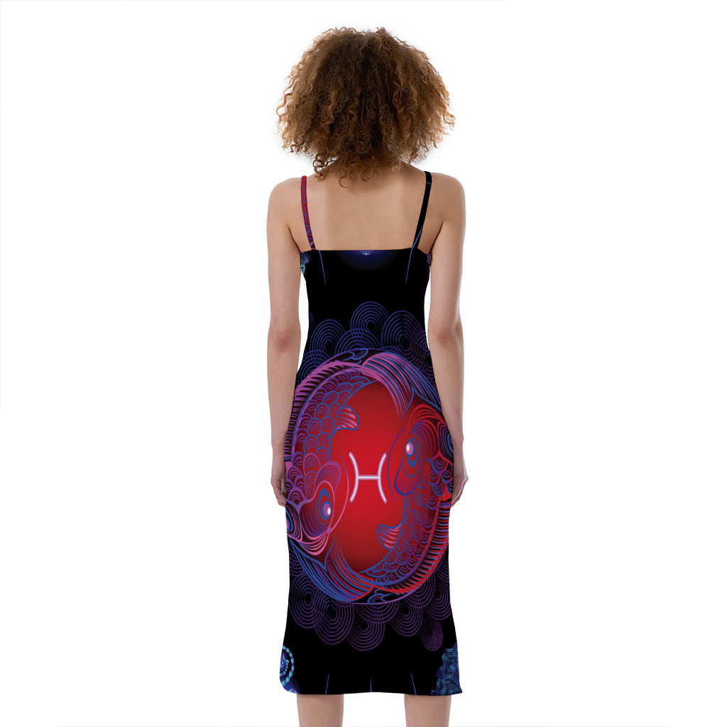 Pisces And Astrological Signs Print Slim Fit Midi Cami Dress