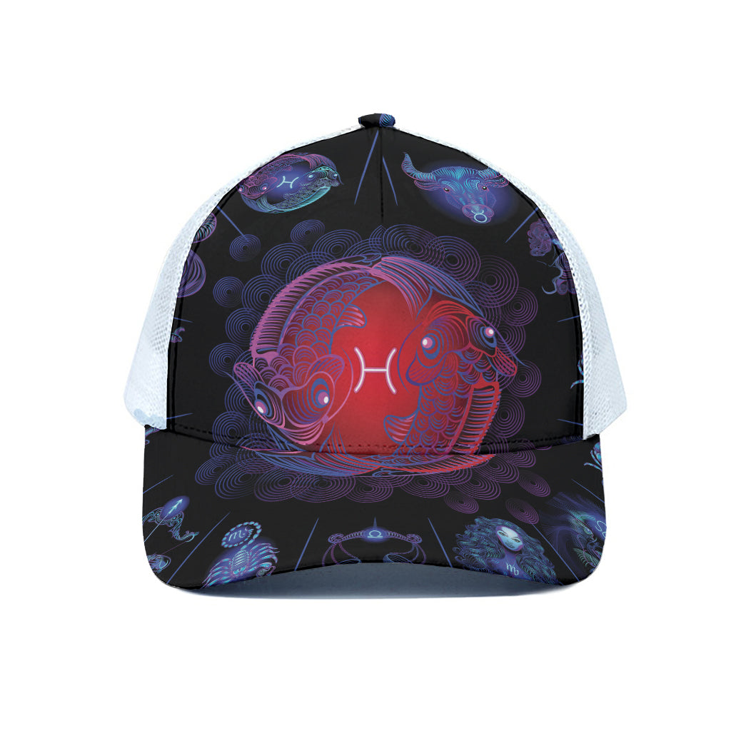 Pisces And Astrological Signs Print White Mesh Trucker Cap