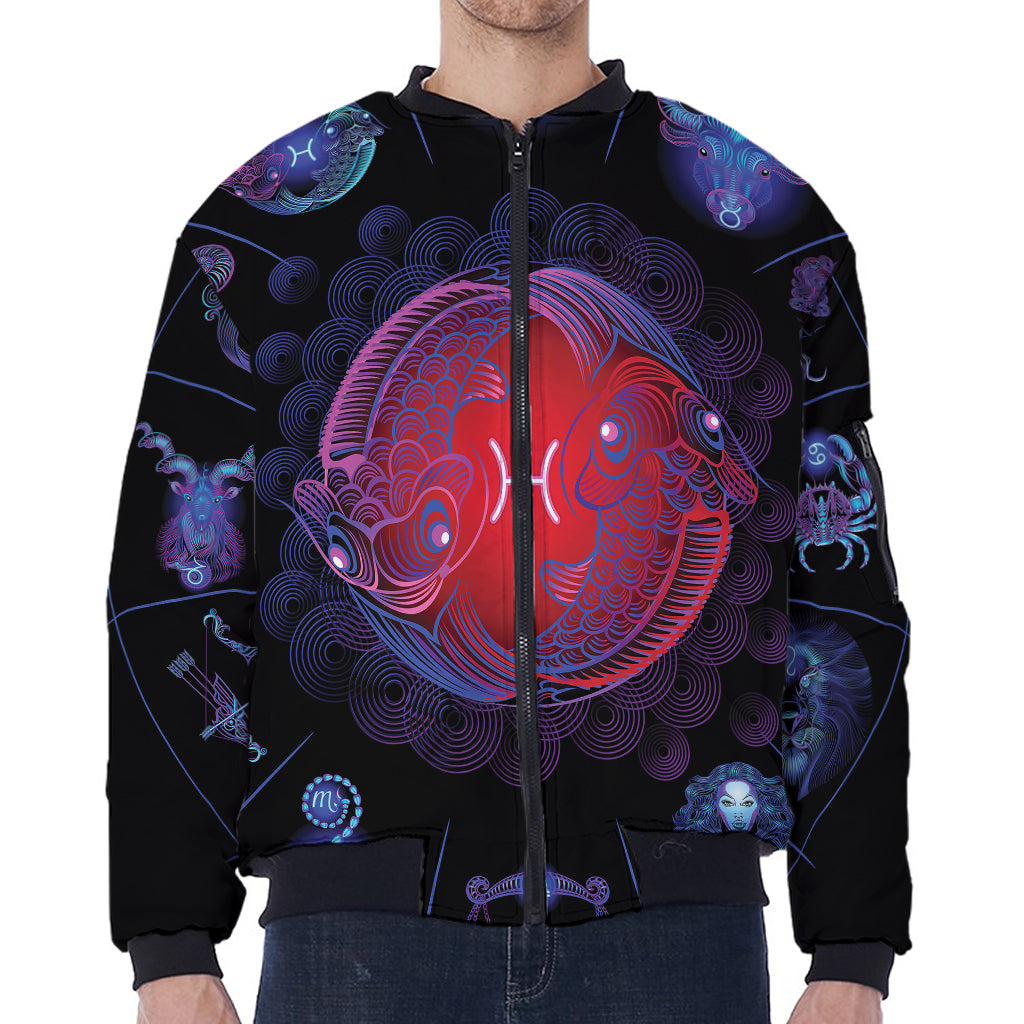 Pisces And Astrological Signs Print Zip Sleeve Bomber Jacket