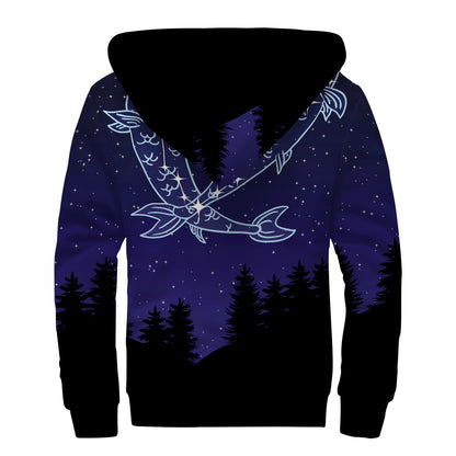 Pisces Constellation Print Sherpa Lined Zip Up Hoodie