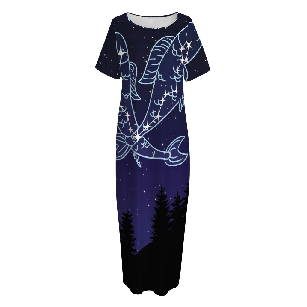 Pisces Constellation Print Short Sleeve Long Nightdress