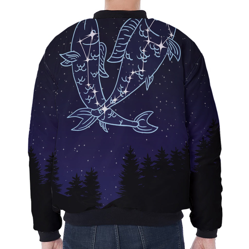 Pisces Constellation Print Zip Sleeve Bomber Jacket