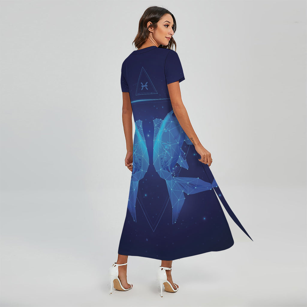 Pisces Horoscope Sign Print Short Sleeve Maxi Dress