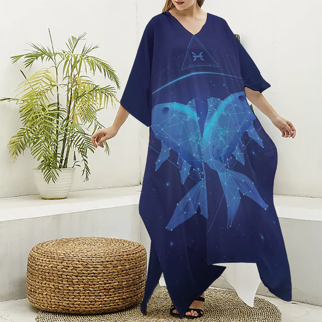 Pisces Horoscope Sign Print Silk V-Neck Kaftan Dress