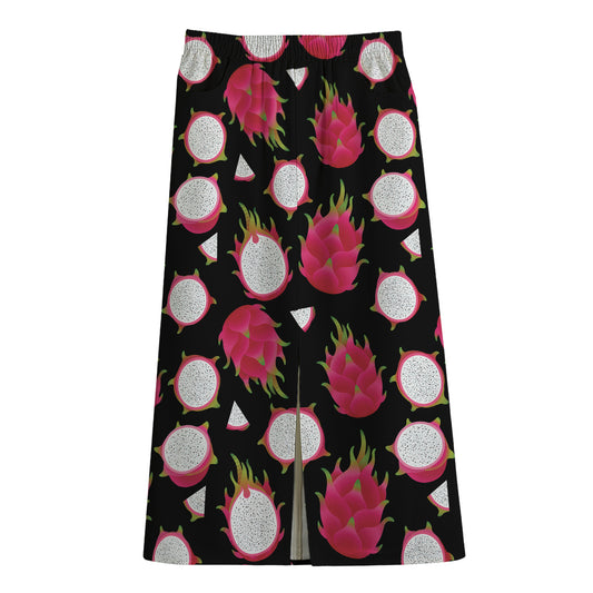 Pitaya Pattern Print Cotton Front Slit Maxi Skirt