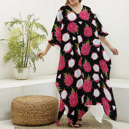 Pitaya Pattern Print Silk V-Neck Kaftan Dress