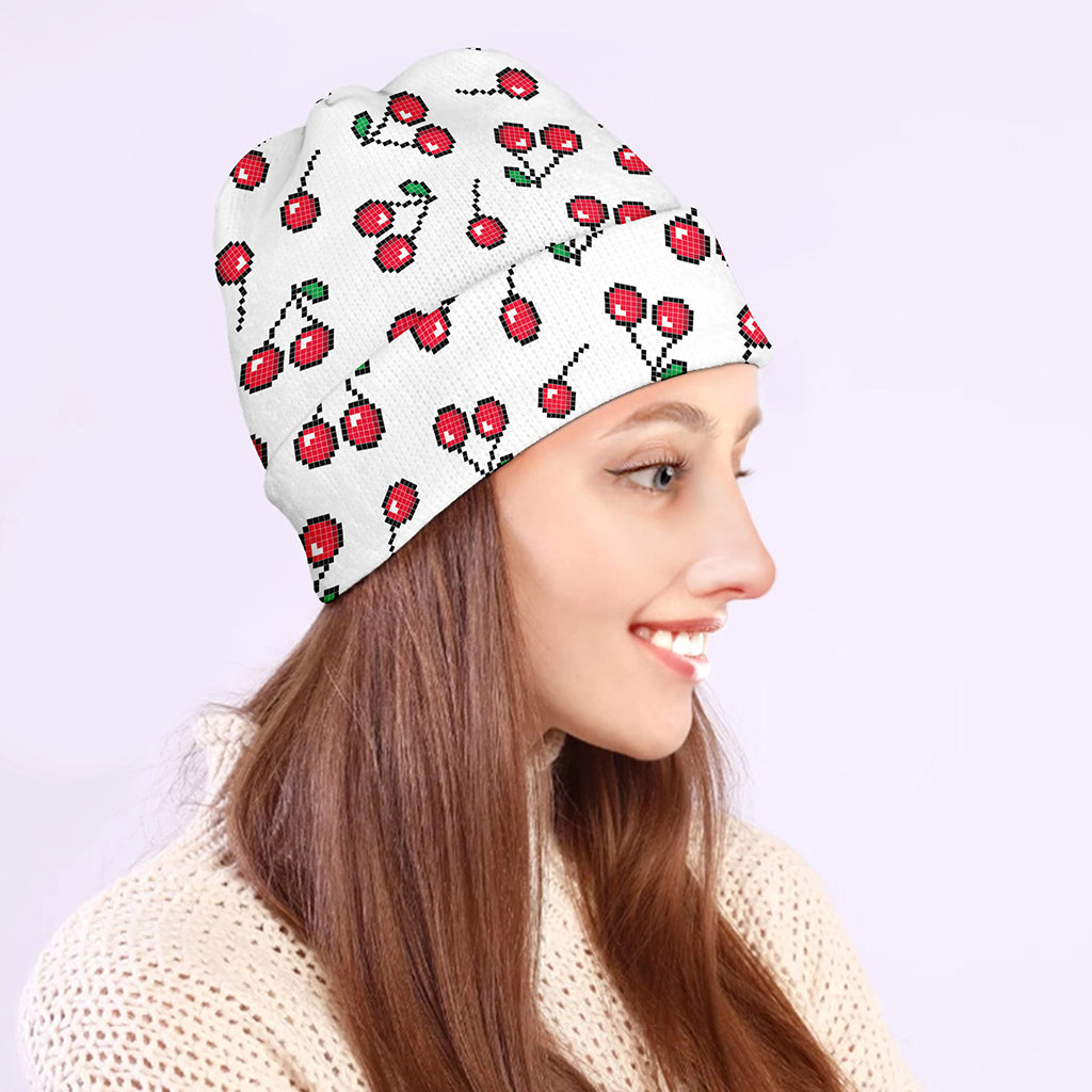 Pixel Cherry Pattern Print Beanie