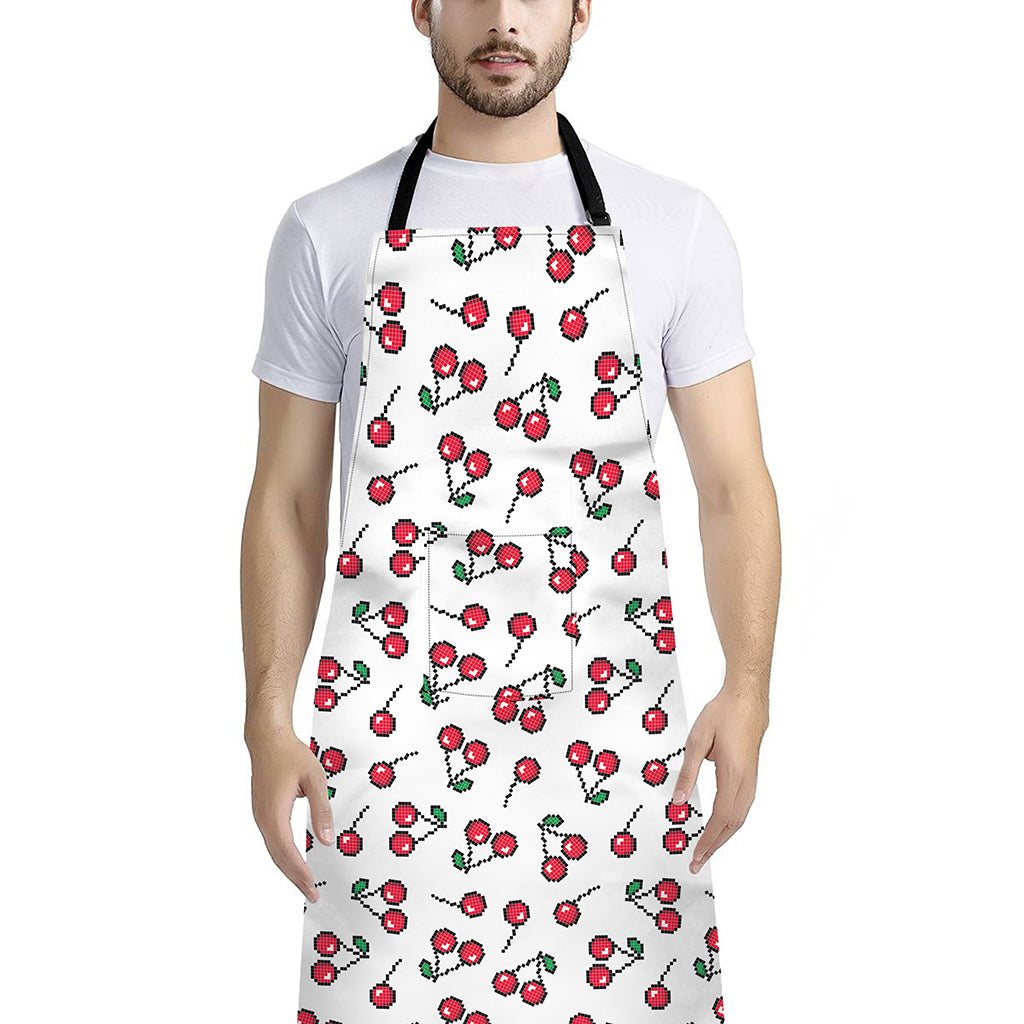 Pixel Cherry Pattern Print Bib Apron With Pocket