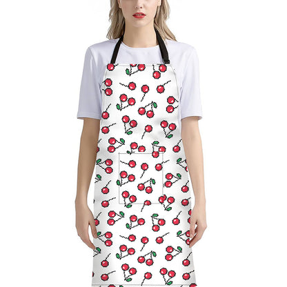 Pixel Cherry Pattern Print Bib Apron With Pocket