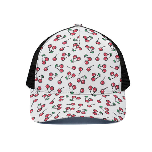 Pixel Cherry Pattern Print Black Mesh Trucker Cap