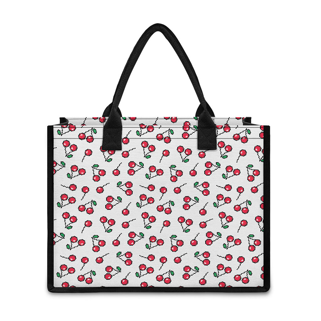 Pixel Cherry Pattern Print Canvas Tote Bag