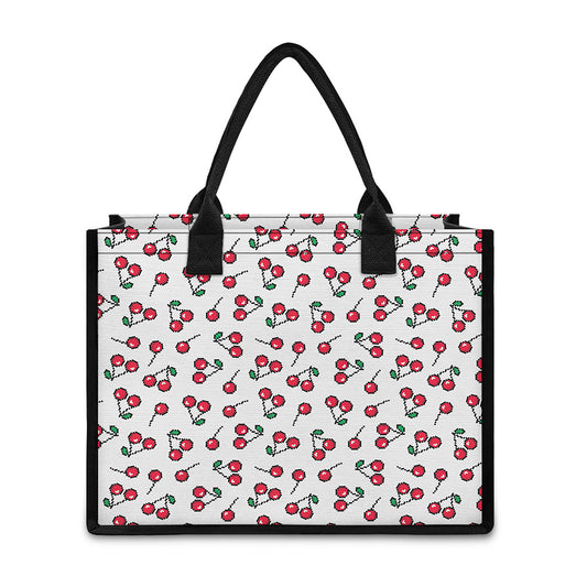 Pixel Cherry Pattern Print Canvas Tote Bag