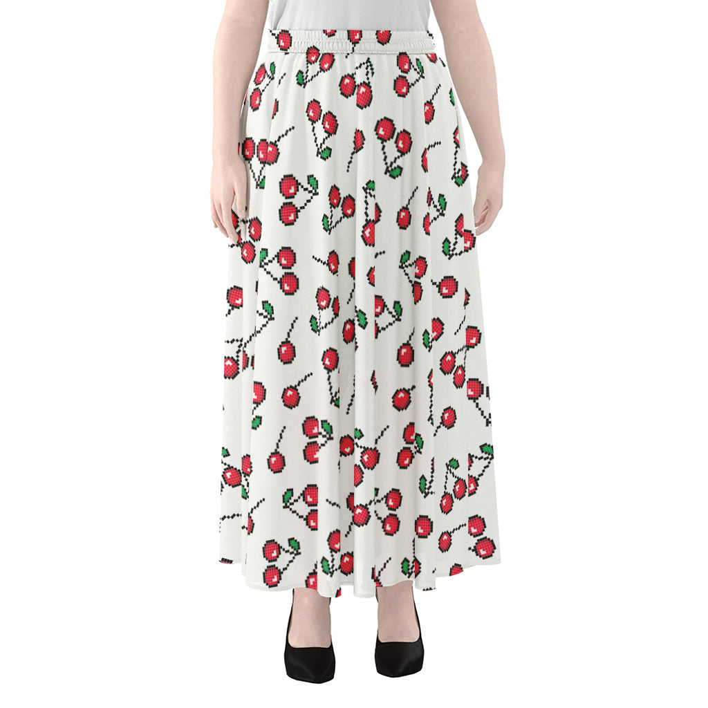 Pixel Cherry Pattern Print Chiffon Maxi Skirt