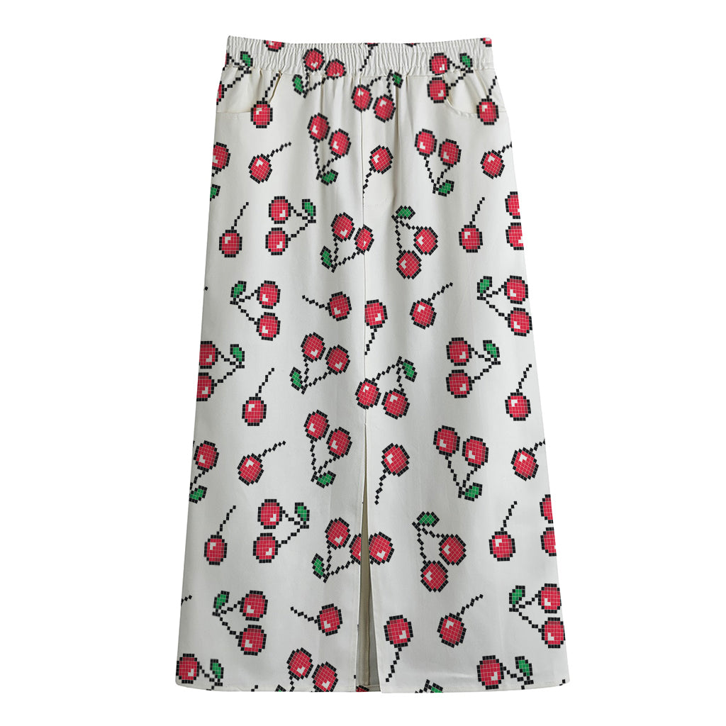 Pixel Cherry Pattern Print Cotton Front Slit Maxi Skirt
