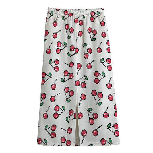 Pixel Cherry Pattern Print Cotton Front Slit Maxi Skirt